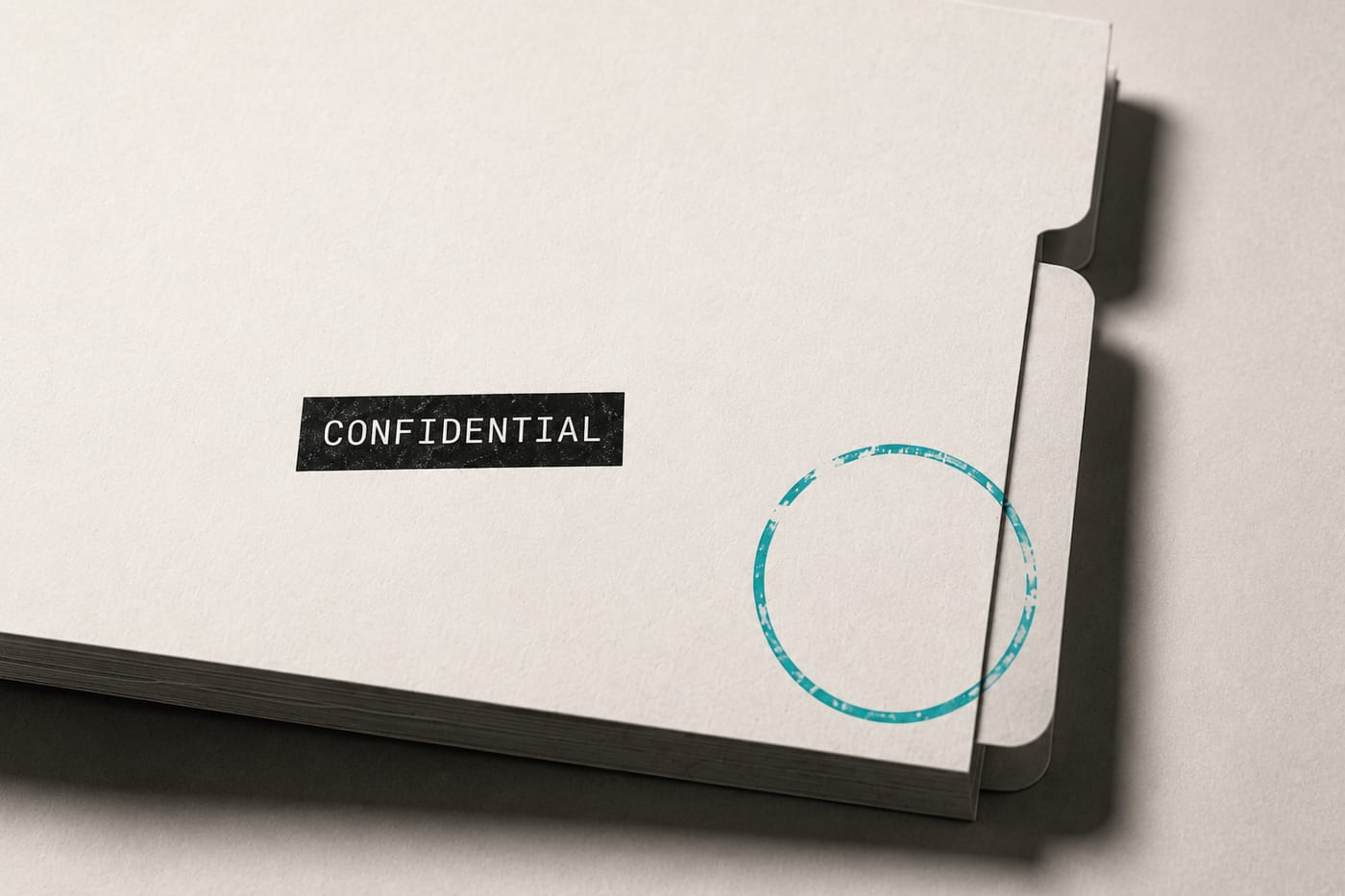 Folder stamped CONFIDENTIAL with a turquoise seal